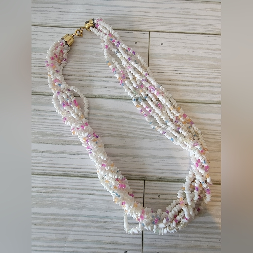Vintage 8 Strand White Glass Bead Necklace Pastel Multicolor Twisted 18”